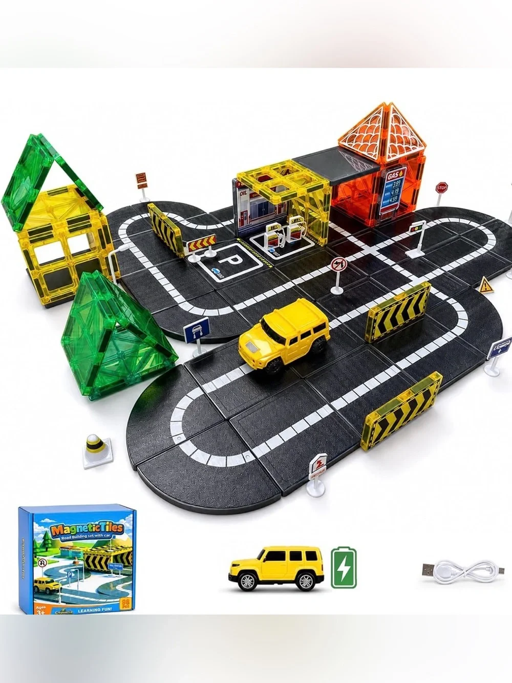 Magnetic Tile Road Set STEM Montessori Building Toy 98 Pieces Ages 4–12